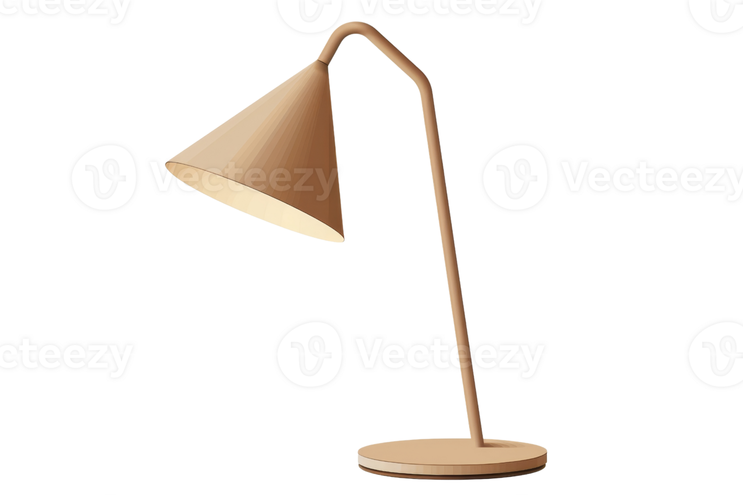 A lamp with a wooden base and a cone shaped shade. The lamp is turned on and the light is shining on the table png