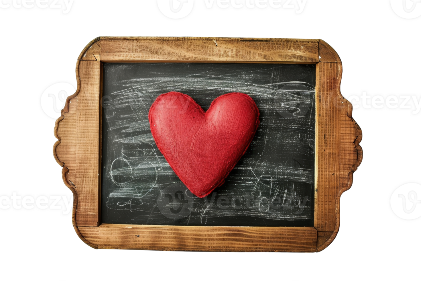 A heart made of red dough sits on a chalkboard. The heart is surrounded by a wooden frame png