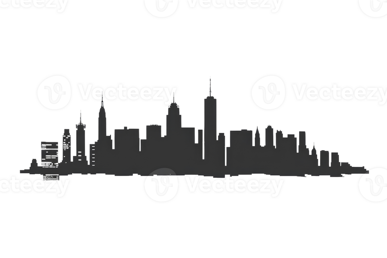 A city skyline is shown in black and white. The buildings are tall and the city appears to be bustling with activity. The skyline stretches across the entire image, giving a sense of depth and scale png
