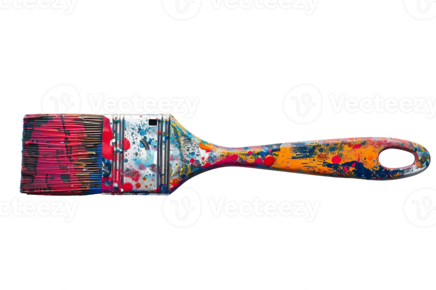 Vibrant paintbrush covered in colorful splashes of paint, isolated on a transparent background. Ideal for art, creativity, and DIY project imagery. png