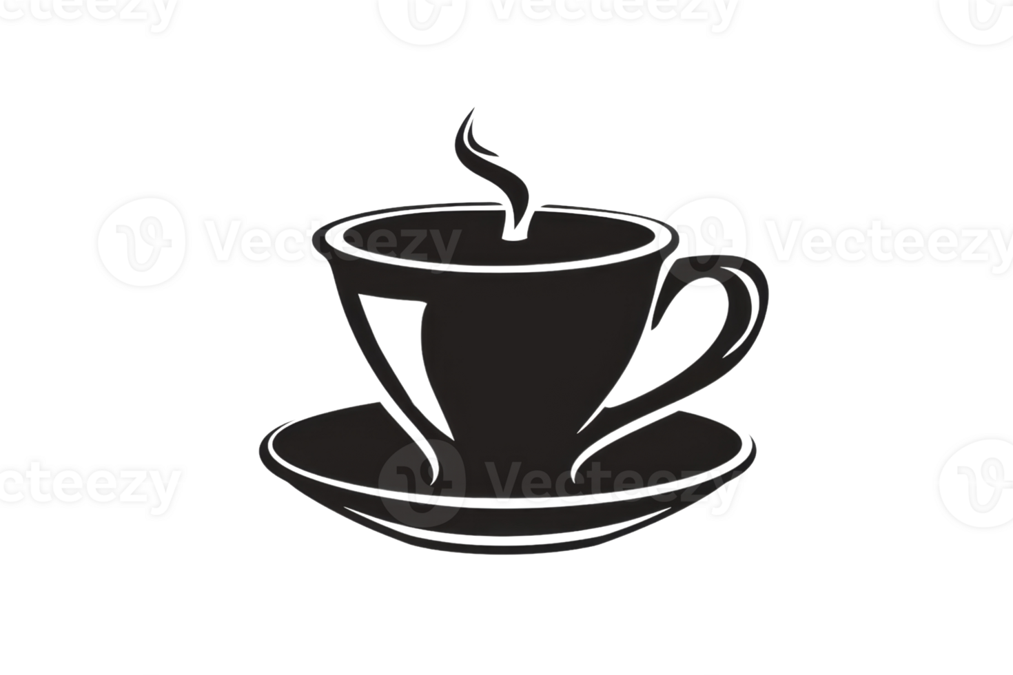 A black coffee cup with steam rising from it. The cup is sitting on a white plate. Concept of warmth and comfort, as the steam rising from the cup suggests a hot beverage being enjoyed png