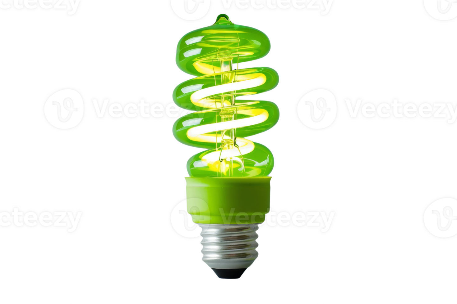 A modern, eco-friendly green light bulb with spiral design, promoting energy conservation and sustainability. Isolated on a transparent background. png