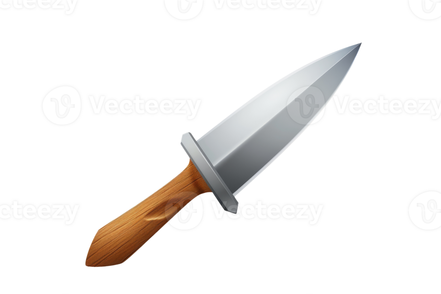 A knife with a wooden handle and a silver blade. The knife is sharp and pointed, and it is laying on a white background png