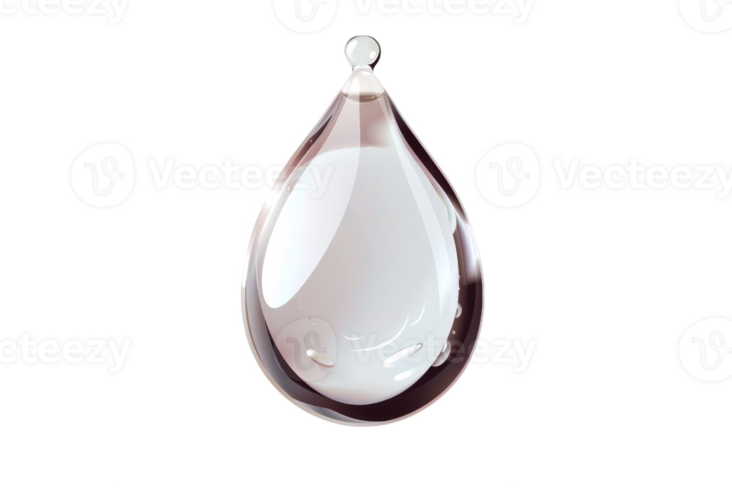 A clear drop of water is shown on a white background. The drop is small and has a shiny, reflective surface. Concept of calm and tranquility, as the drop of water appears to be suspended in mid-air png