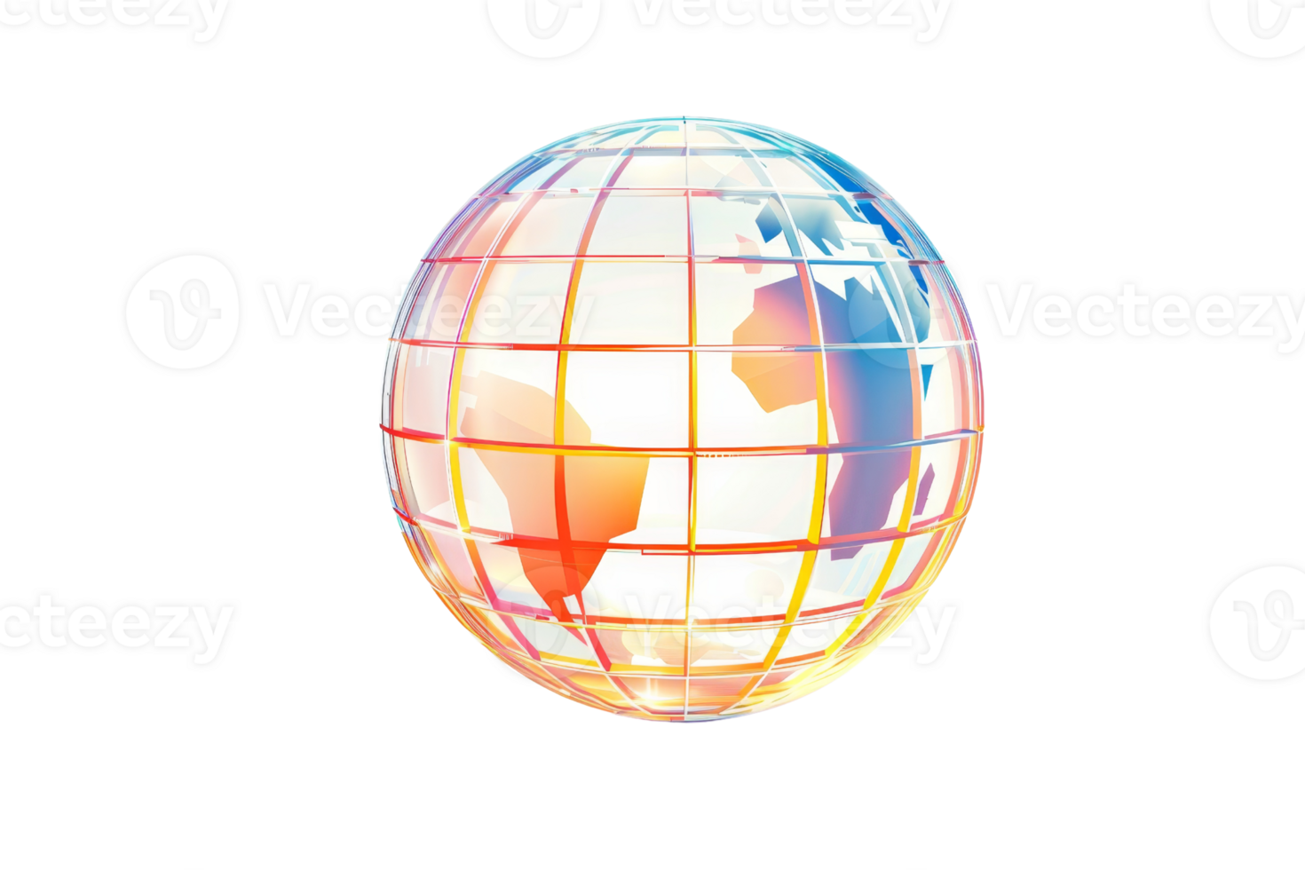Colorful 3D globe illustration with grid lines, showcasing continents against a transparent background. ideal for global and technology themes. png
