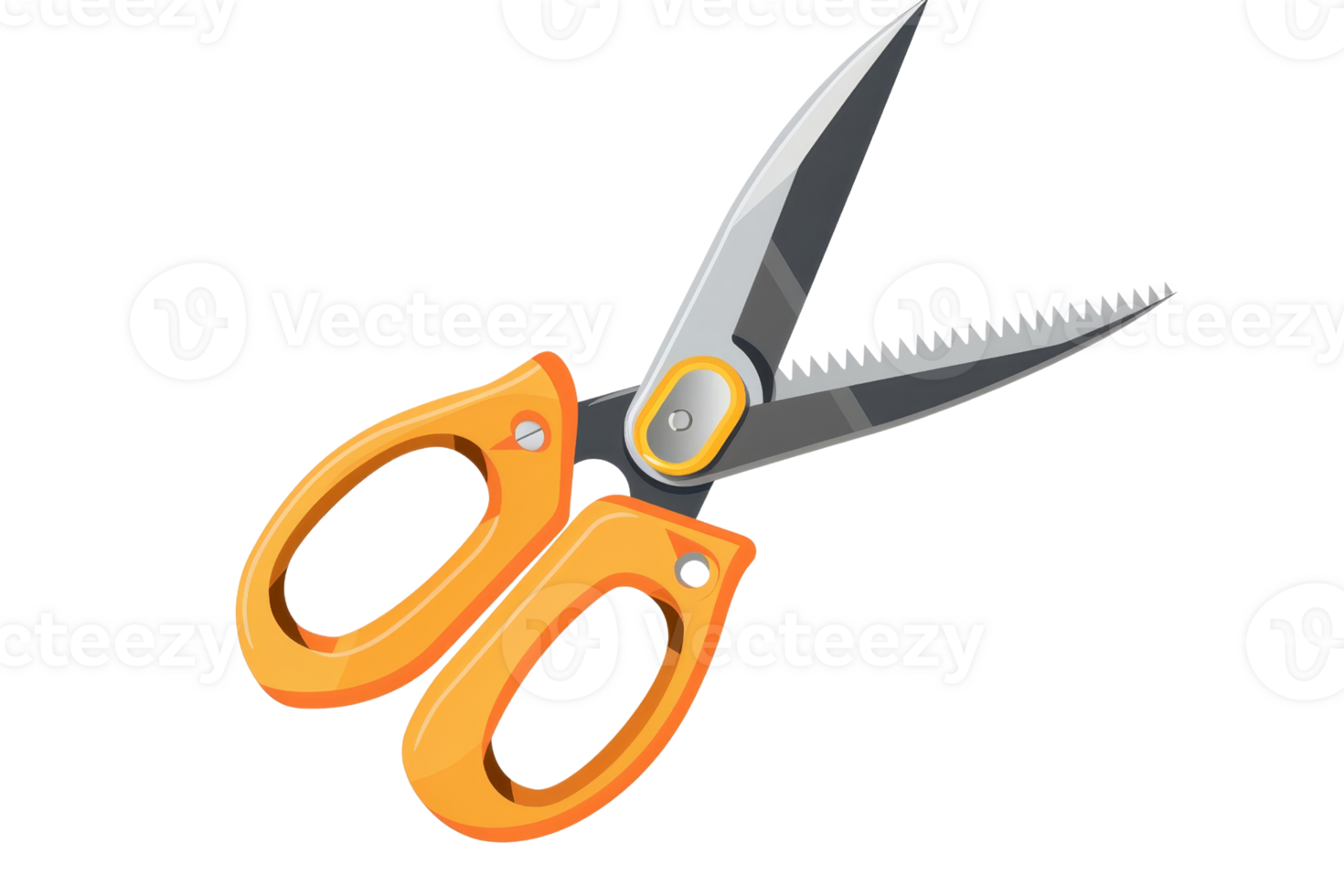 A pair of orange scissors with a serrated edge. The scissors are sharp and ready to cut png