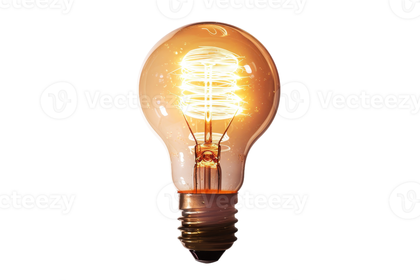 Isolated incandescent light bulb glowing with a warm orange light, showcasing the filament and details of classic bulb design. png