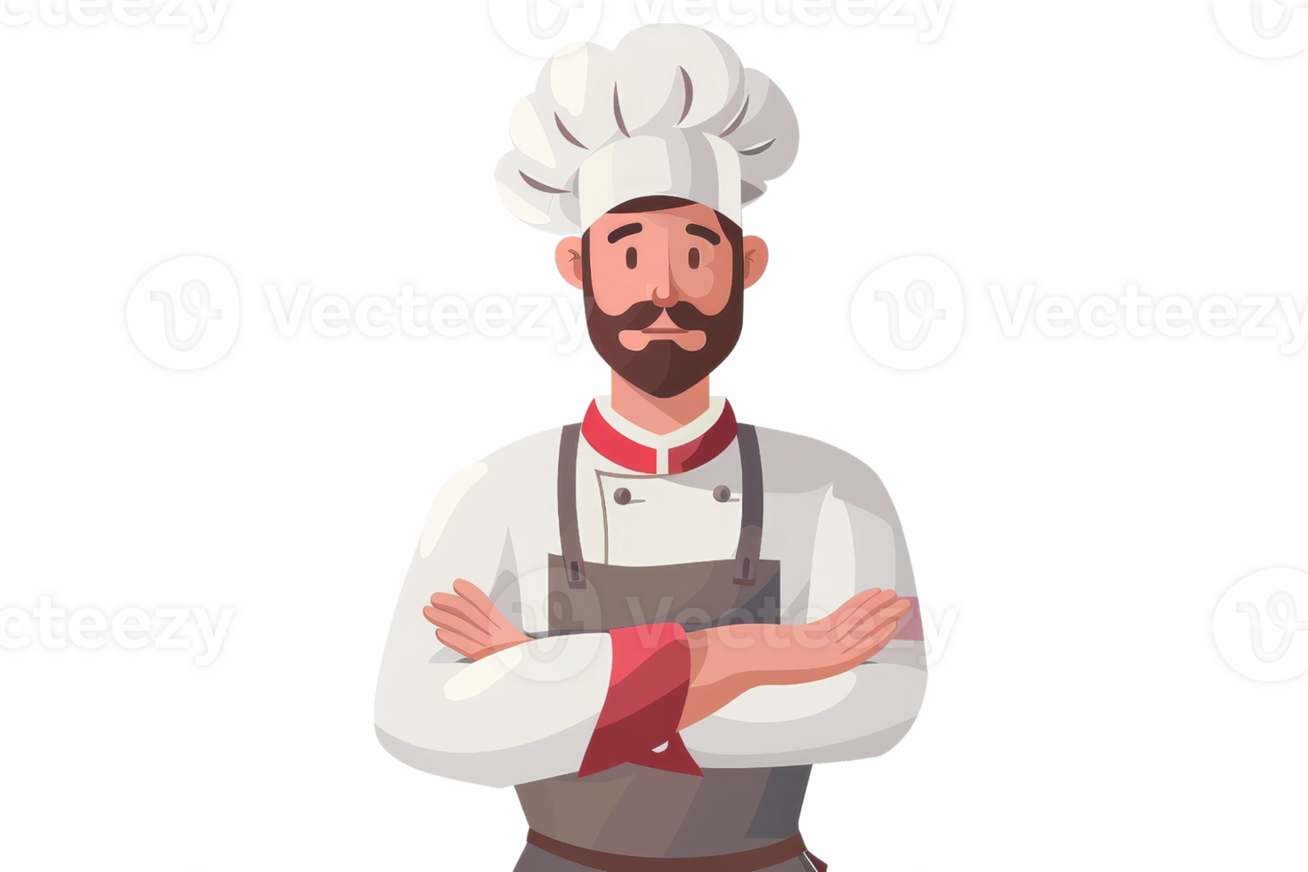 Illustration of a professional chef with a white hat, gray apron, and red accents, standing confidently with arms crossed. png