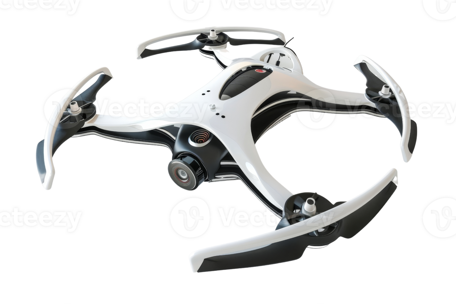 A white and black drone with a camera on it. The drone is in the air and has a black and white color scheme png