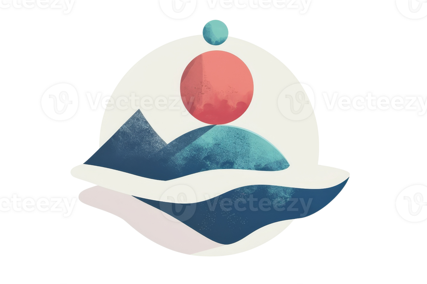 A mountain range with a blue and red sky and a red sun. The sun is in the middle of the circle png