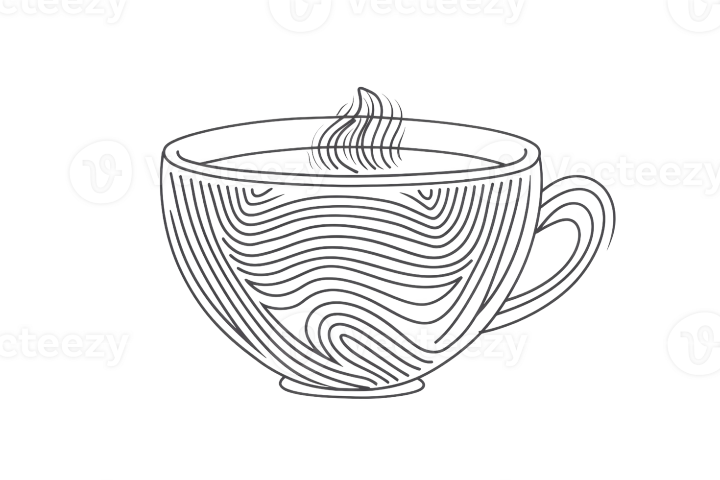 A cup with steam coming out of it. The cup is white and has a wooden rim. The image is in black and white png