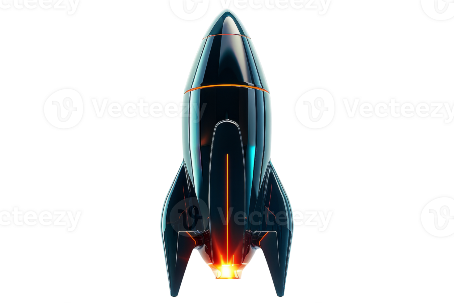 Futuristic spaceship in launch position with glowing blue and orange lights, isolated on a transparent background. png