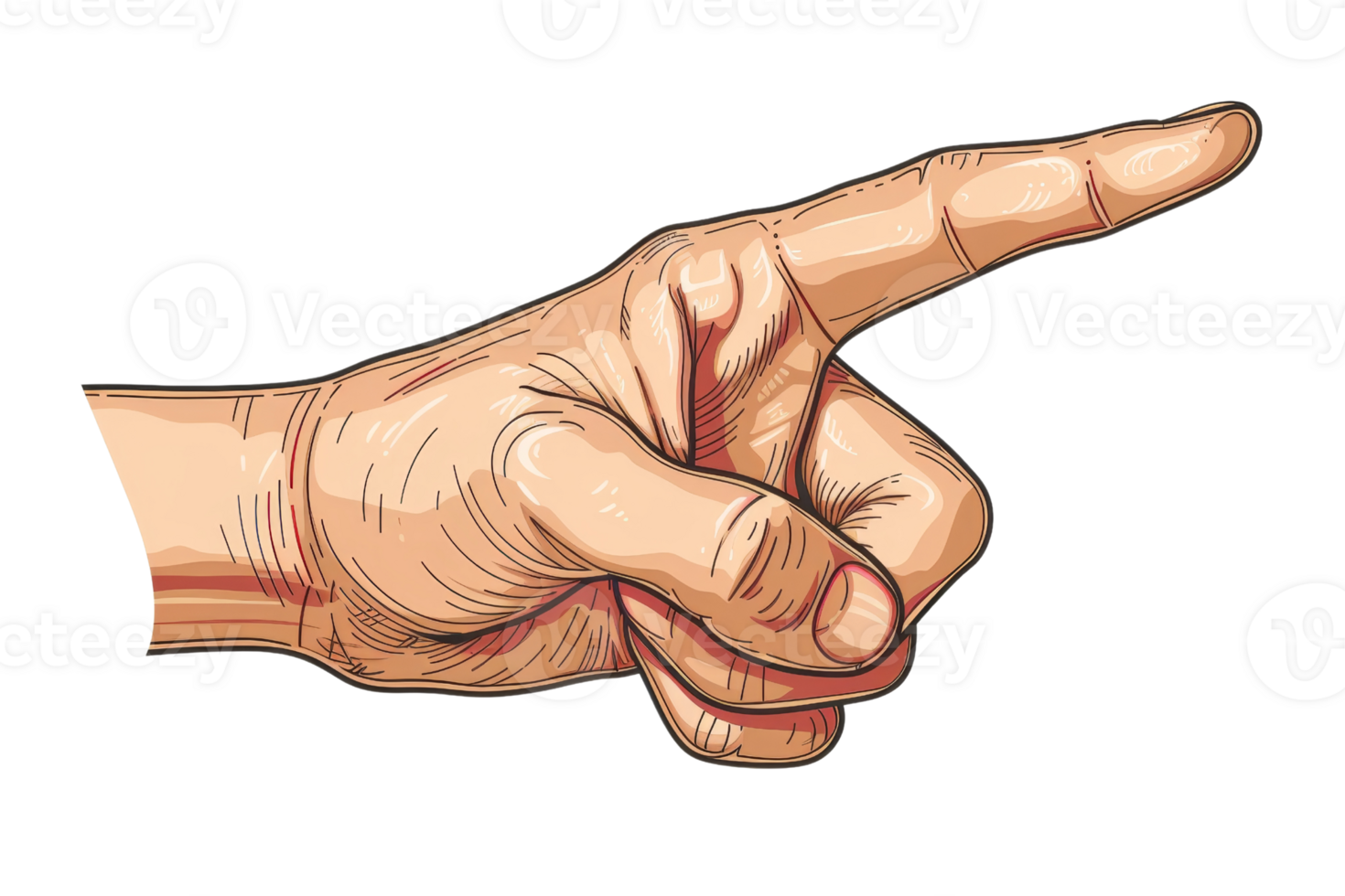 Illustrated hand pointing - detailed, realistic drawing of an extended index finger, conveying direction, instruction, or focus. png