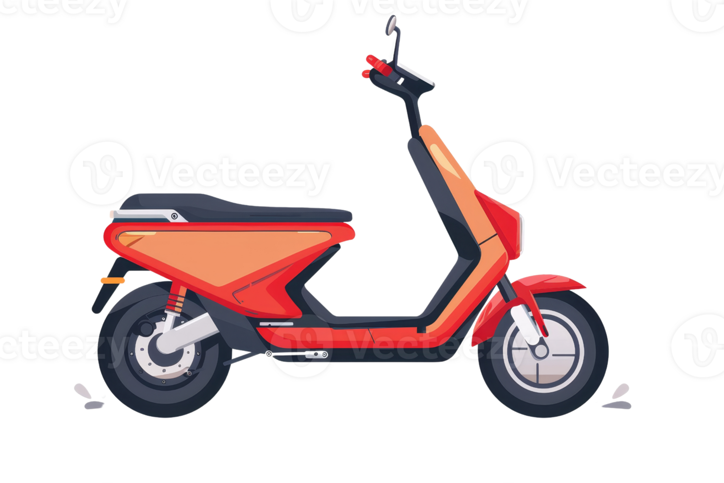 A red and orange scooter is parked on a white background. The scooter is parked on a dirt road, and it is a vintage model png