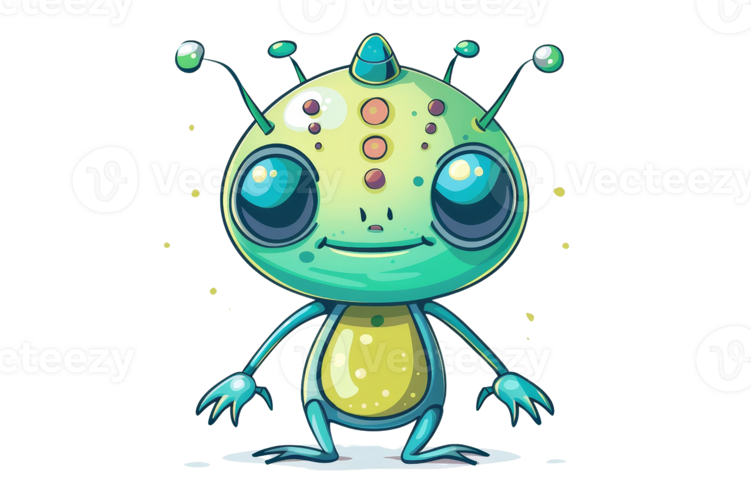 A cartoonish alien with big eyes and a green body stands on a white background. The alien has a friendly and approachable demeanor, making it seem like a fun and lighthearted character png