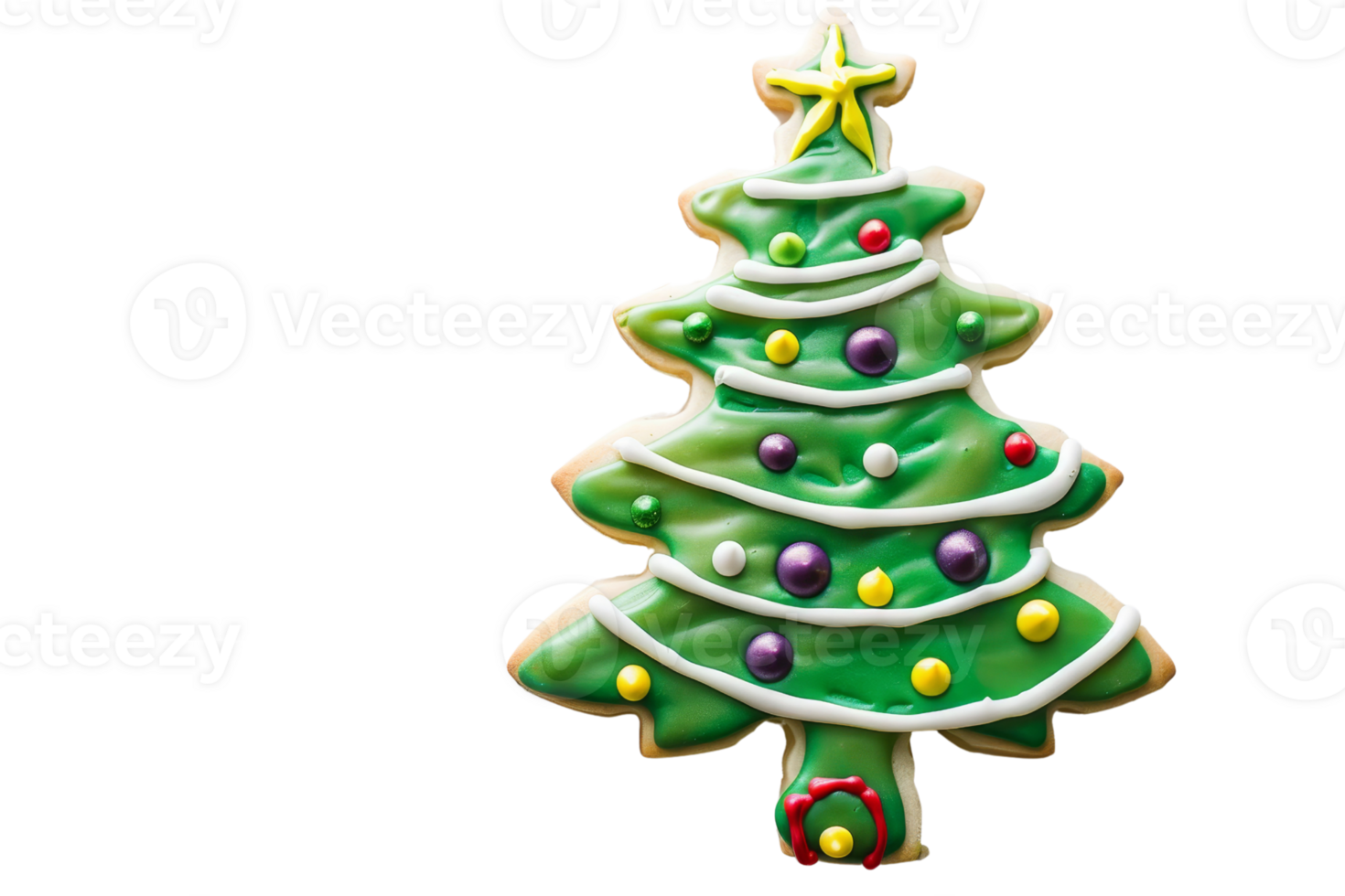 Festive Christmas tree cookie with green icing and colorful decorations, perfect for holiday celebrations and seasonal treats. png