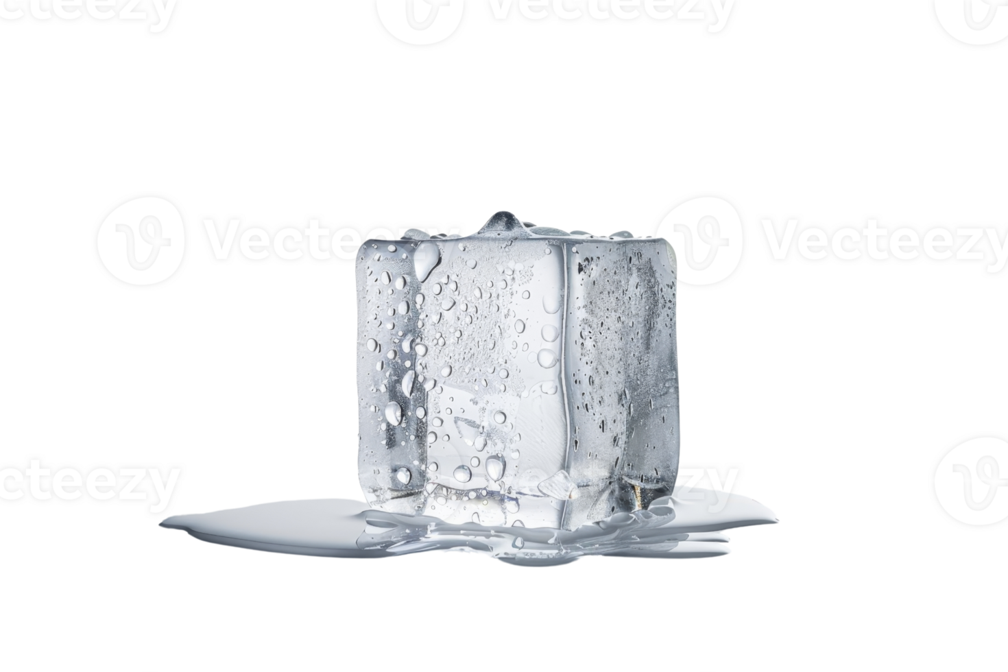 A cube of ice is melting on a white background. The water droplets from the melting ice create a sense of movement and change. The image evokes a feeling of impermanence png