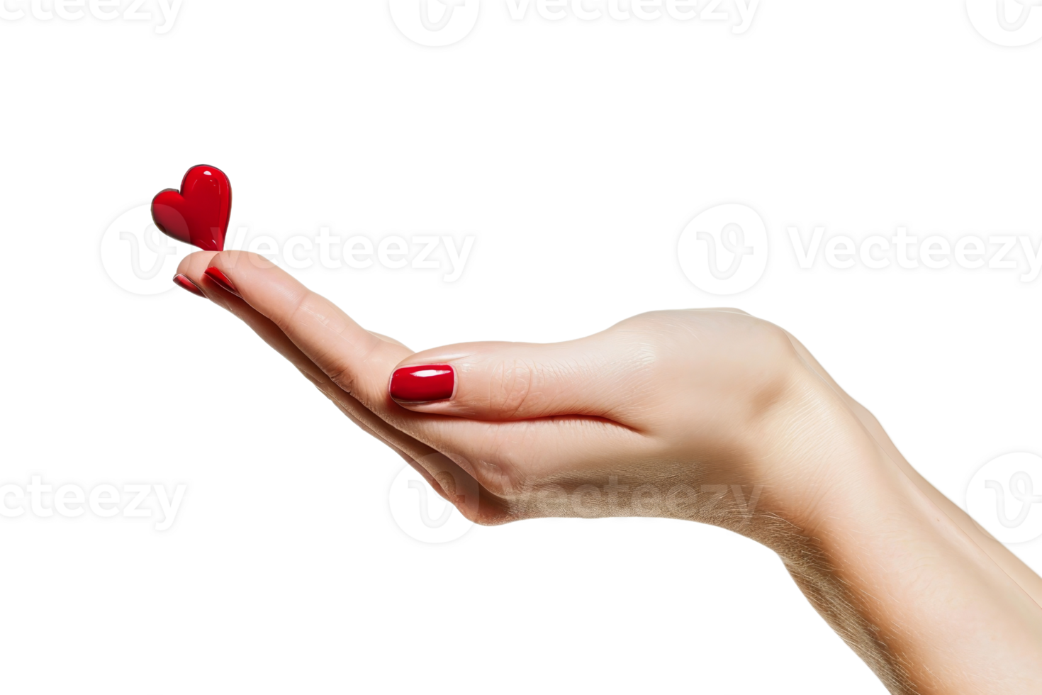 A hand holding a heart with red nail polish. Concept of love and affection png
