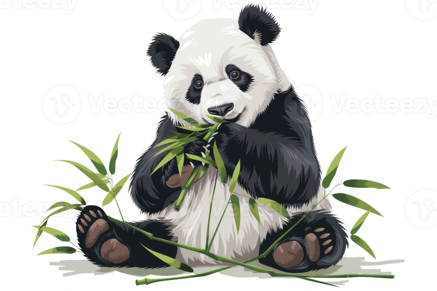 Illustration of a cute panda bear sitting and eating bamboo. Adorable wildlife art of panda enjoying its meal in nature. png
