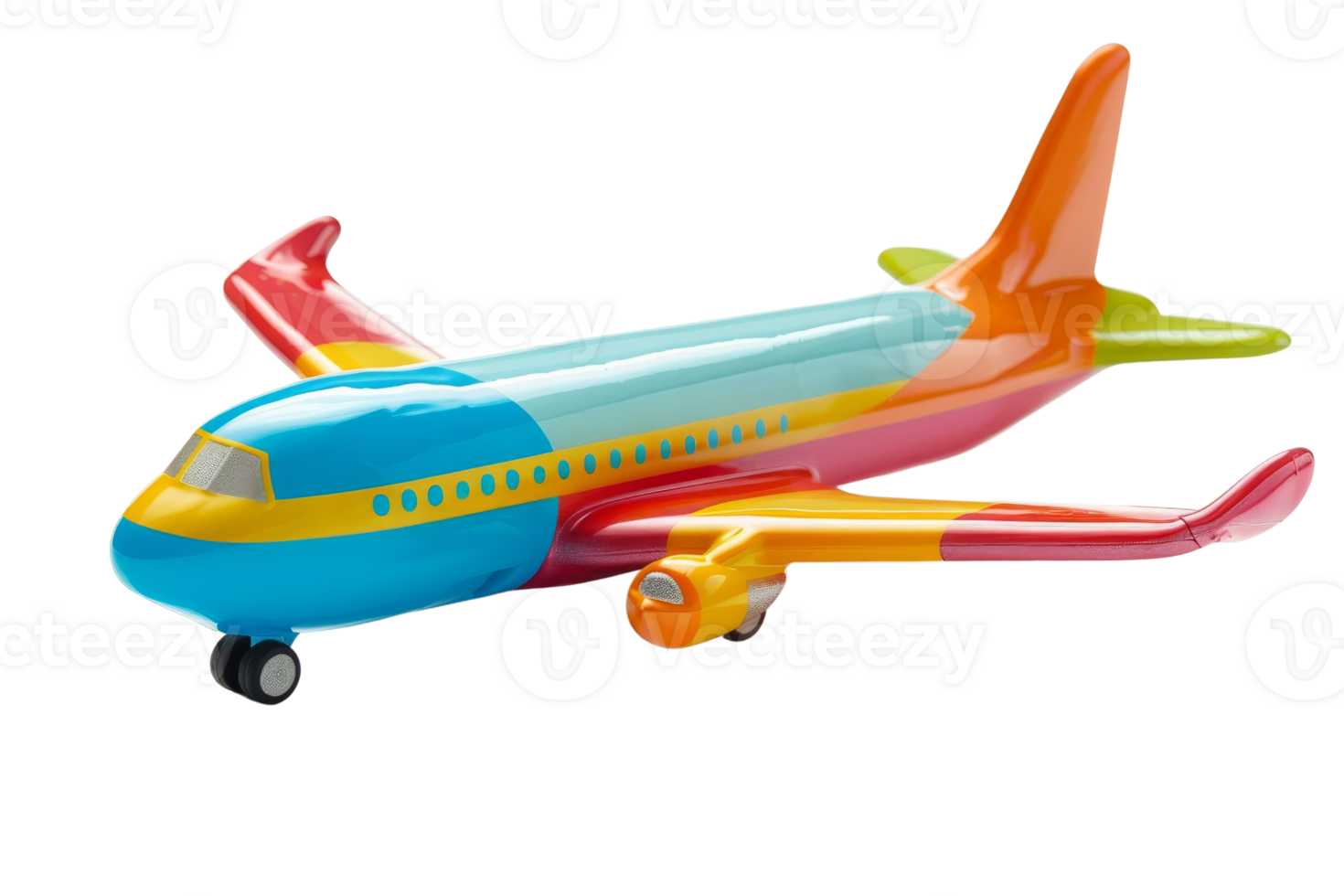 A colorful toy airplane with a blue wing and yellow tail. The airplane is sitting on a white background png