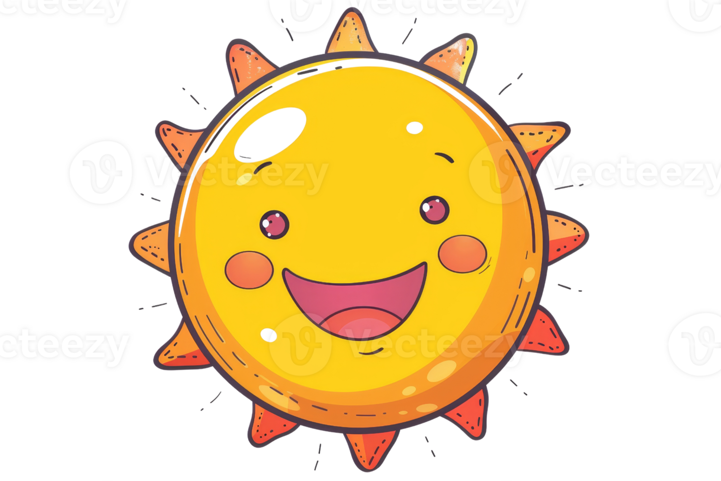 Cute cartoon sun character with a smiling face and rosy cheeks, isolated on transparent background. Perfect for kids' illustrations and educational materials. png