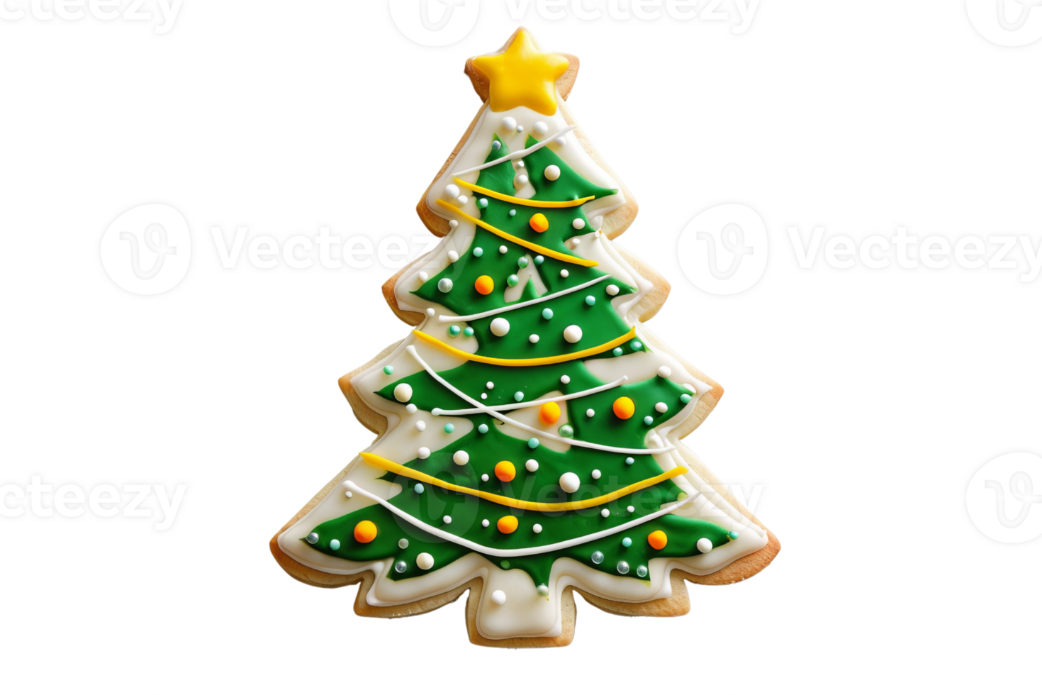 Festive Christmas tree cookie decorated with green icing, colorful sprinkles, and a star on top, perfect for holiday celebrations. png