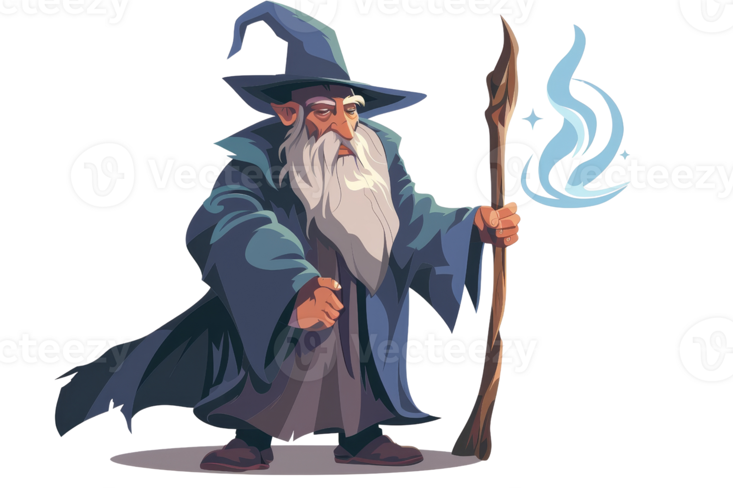 A wizard with a blue robe and a blue hat is holding a staff and a wand. He is surrounded by a blue and white background png