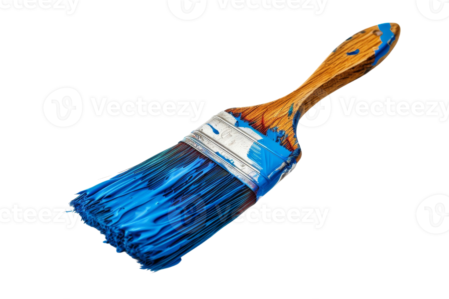 High-quality paintbrush with a wooden handle and blue paint, ideal for home improvement and artistic projects, isolated on a transparent background. png
