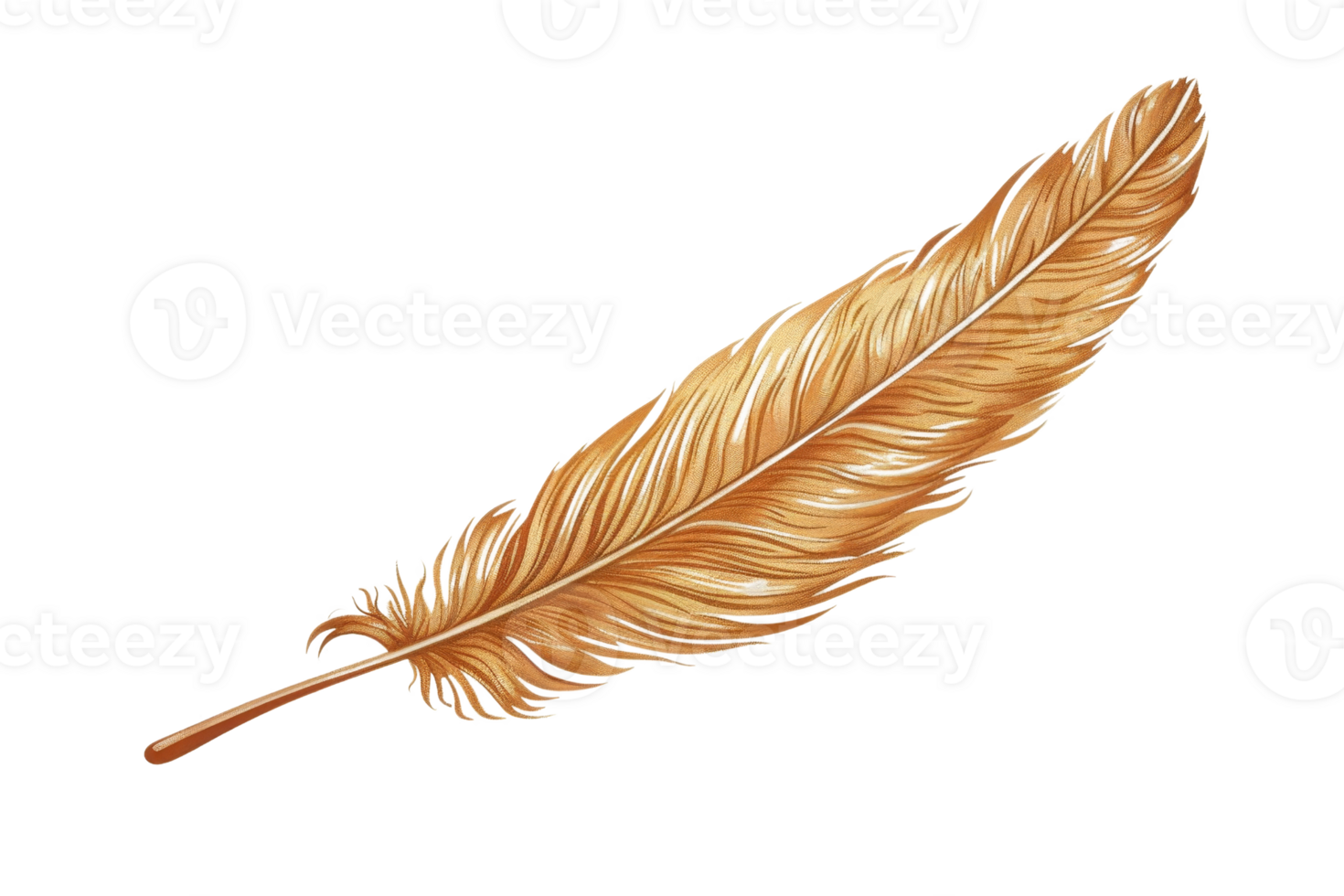 Golden feather isolated on a transparent background. Elegant and detailed illustration perfect for decoration, design, and art projects. png