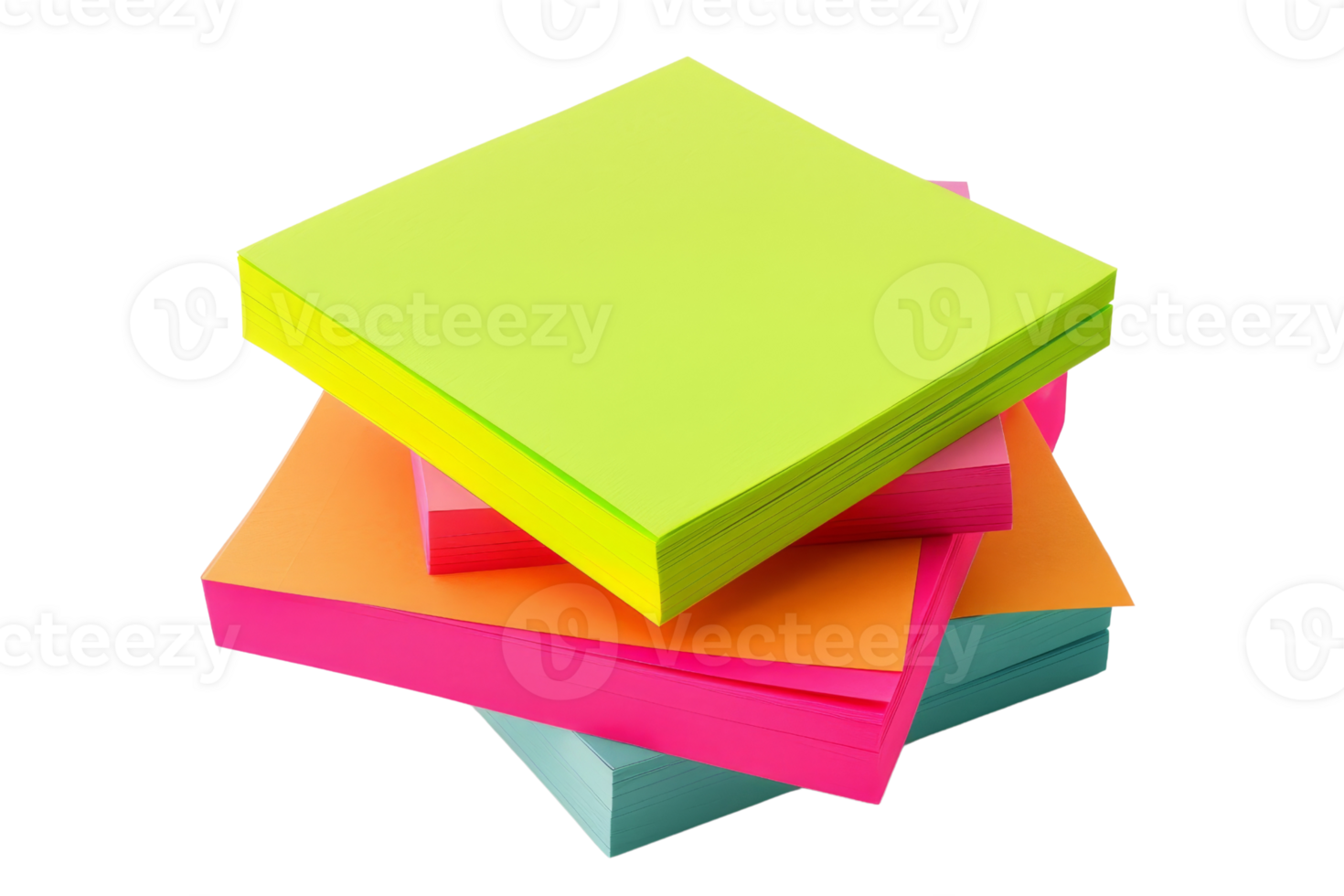Stacked colorful sticky notes in neon colors, isolated on transparent background. Perfect for office, school, or personal use. png