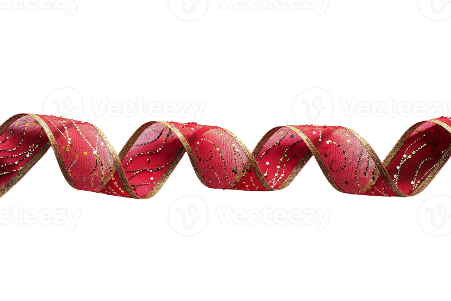 Vibrant red decorative ribbon with gold patterns, perfect for gift wrapping, crafts, and festive decorations. Isolated on a transparent background. png