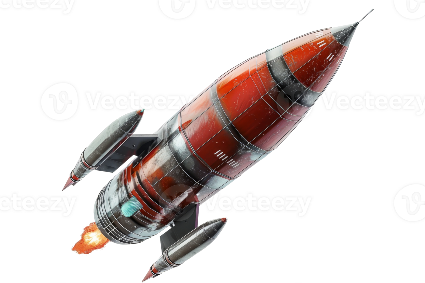 Futuristic red rocket launching, isolated on a transparent background. Ideal for space exploration themes, presentations, and educational materials. png