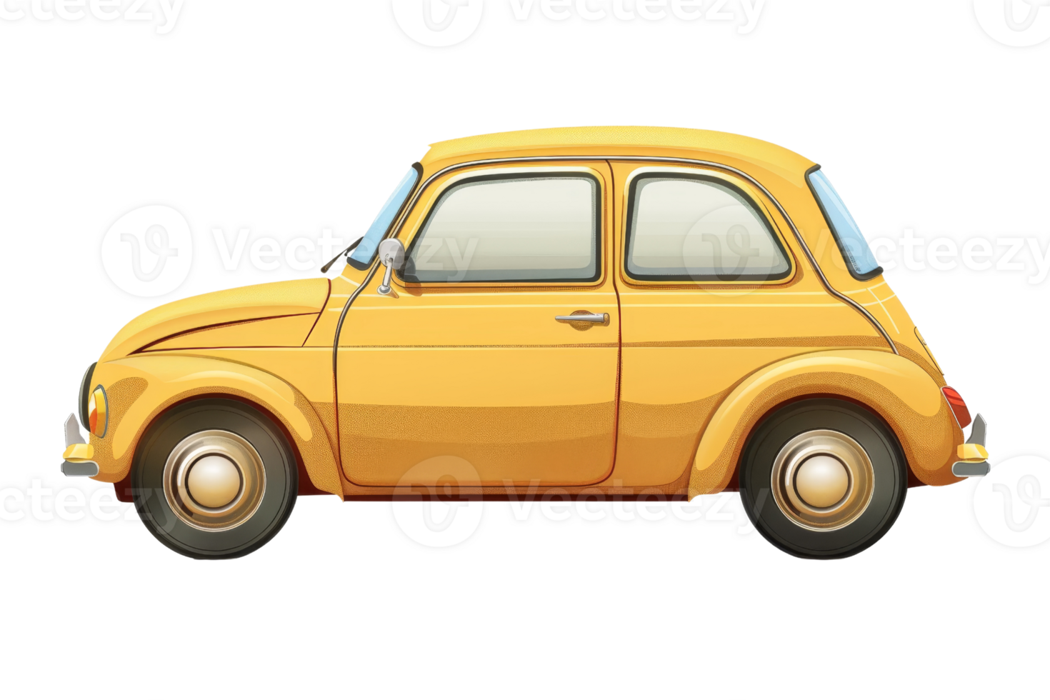 Illustration of a small yellow vintage car with rounded edges and a cute, compact design, perfect for nostalgic and retro-themed projects. png