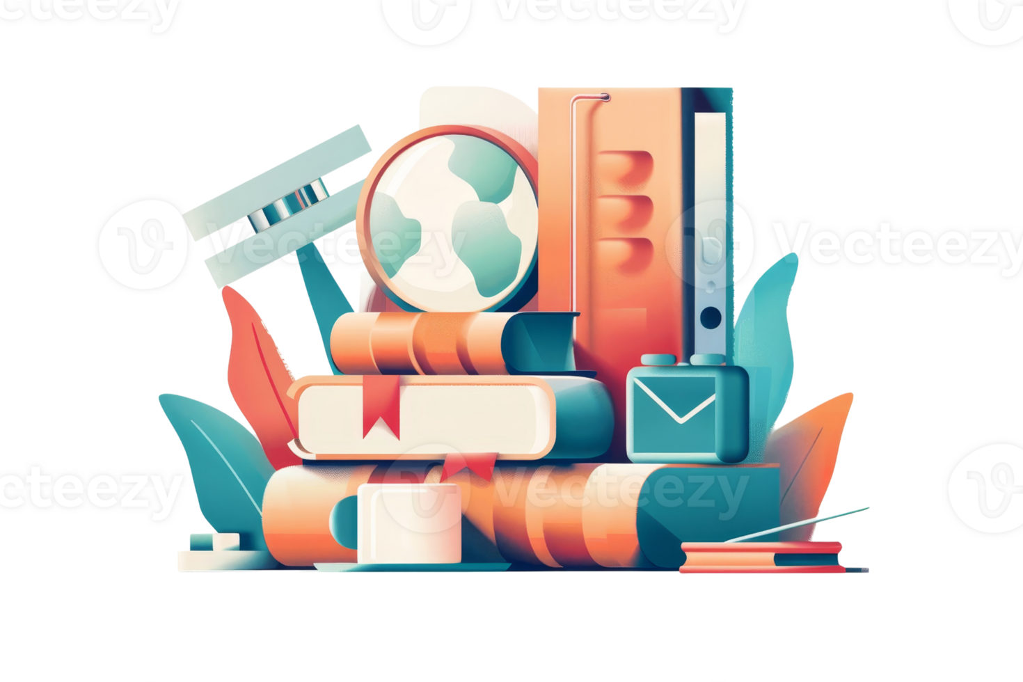 A stack of books with a magnifying glass on top. The books are of different sizes and colors. Concept of learning and exploration png