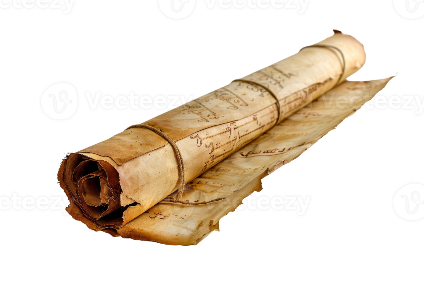 Vintage rolled parchment scroll with calligraphy text, symbolizing ancient knowledge or historical document on transparent background. png