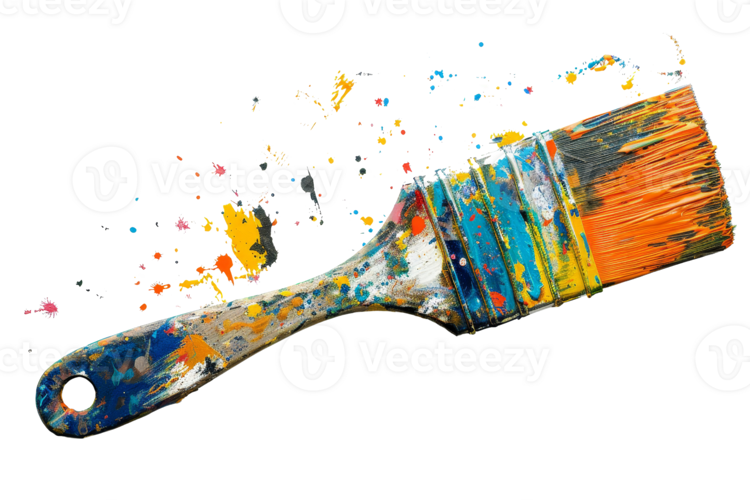 Colorful paintbrush with vibrant splashes on transparent background. Perfect for creative, artistic, and design concepts. png