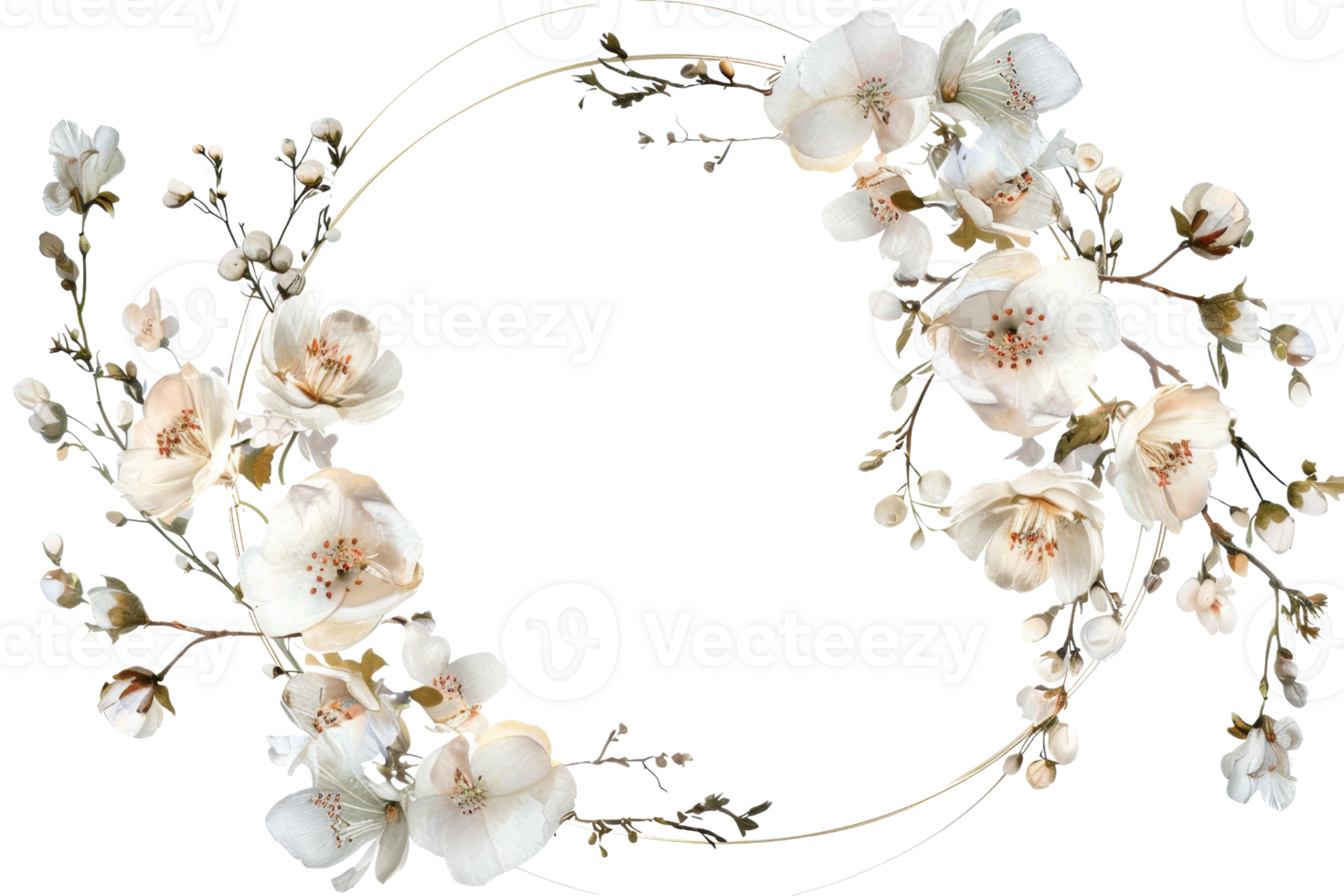 Elegant floral wreath with white blossoms and delicate branches, perfect for invitations, wedding decor, and springtime designs. png