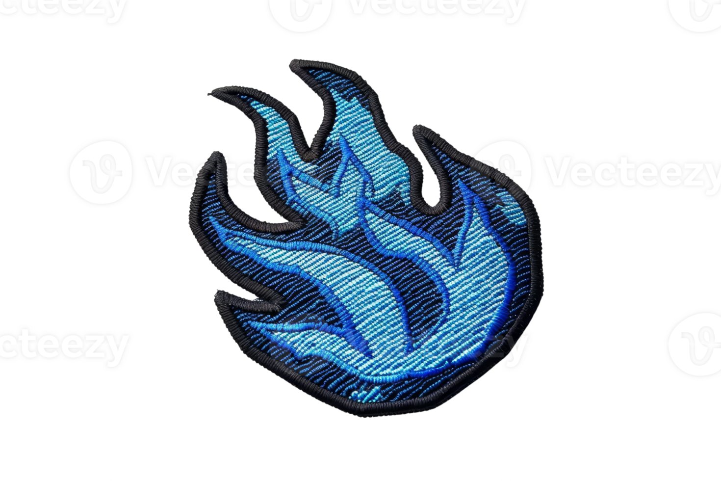 Vibrant embroidered patch of a blue flame design, perfect for customizing jackets, bags, or hats with a unique and fiery touch. png