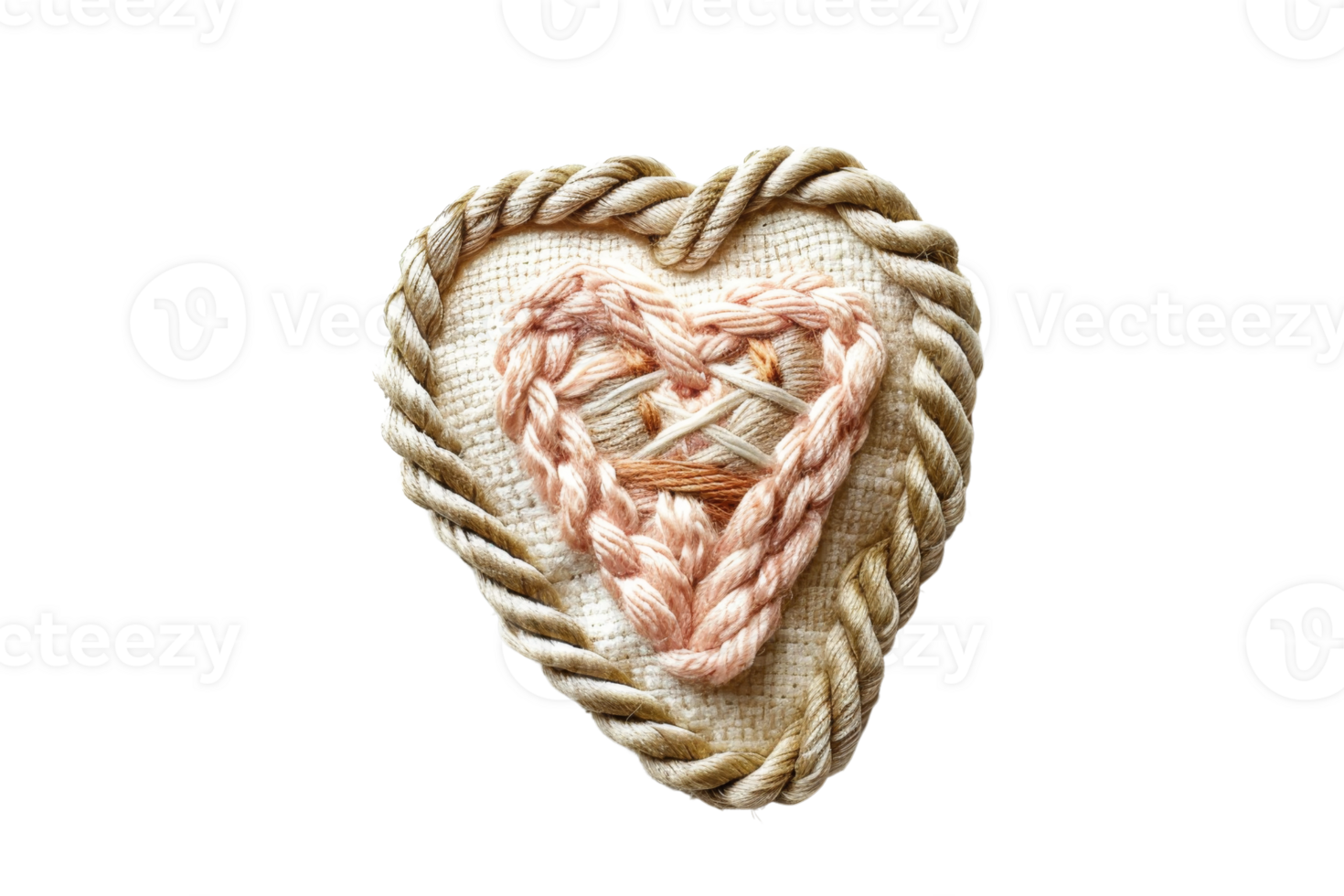 Handcrafted heart with braided details on fabric, showcasing intricate textile art and rustic charm png