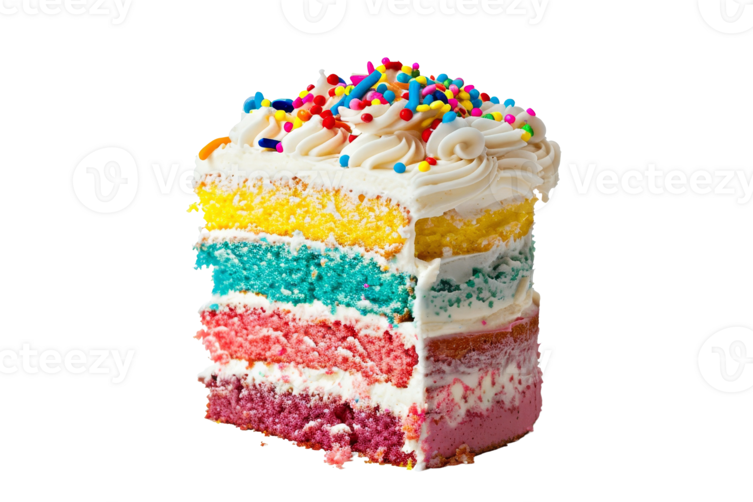 Colorful slice of layered cake with multicolored frosting and sprinkles, perfect for birthdays and celebrations. Delicious and vibrant dessert. png