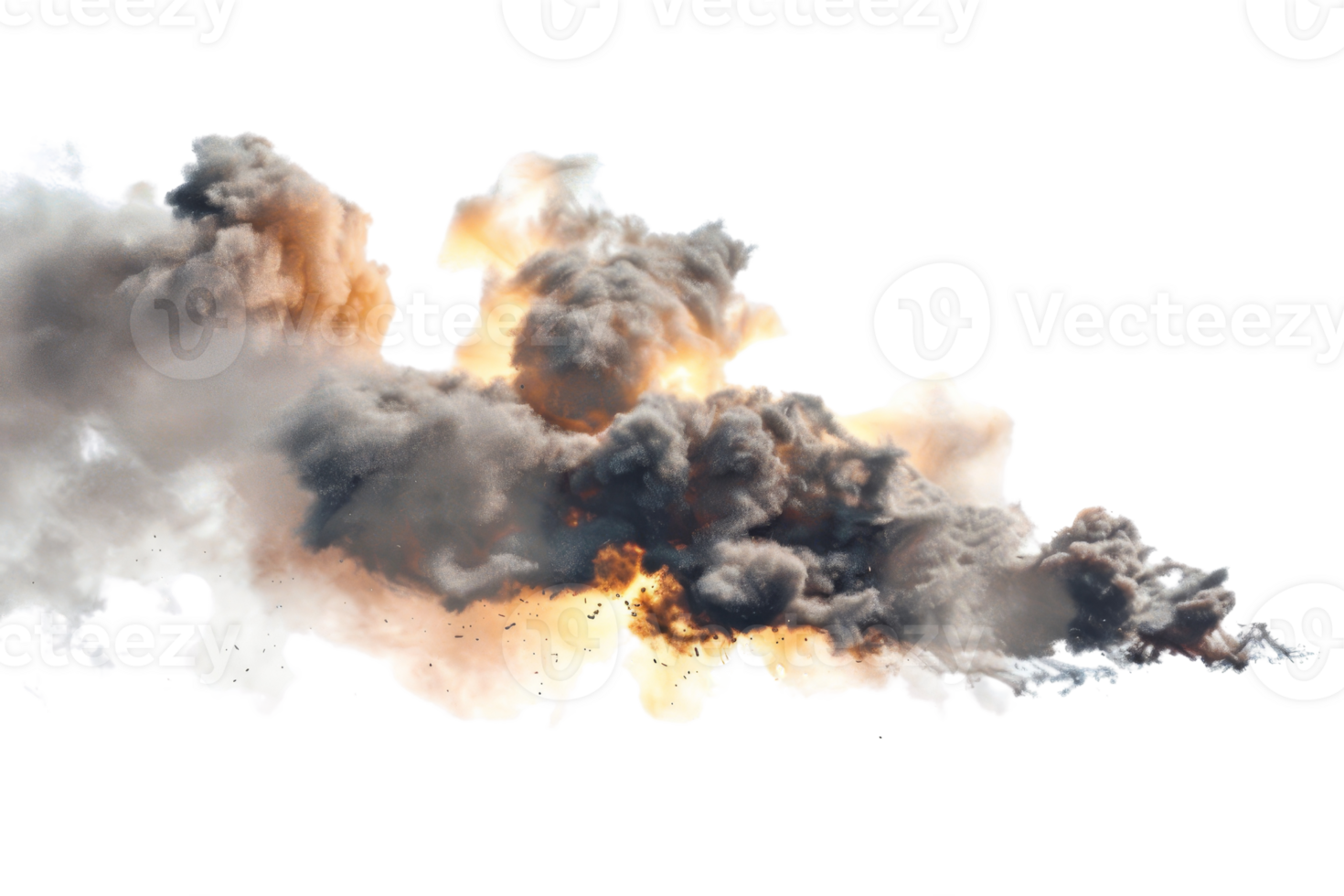Dramatic explosion with fire and thick smoke, perfect for action scenes or illustrative purposes in projects needing intense visual impact. png