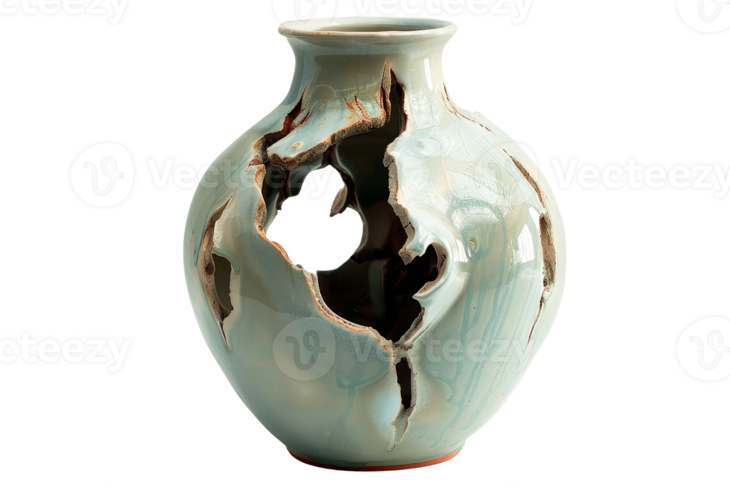 A broken vase with a hole in it. The vase is made of ceramic and has a blue and white color. The broken pieces of the vase are scattered around the hole, giving the impression of a shattered object png
