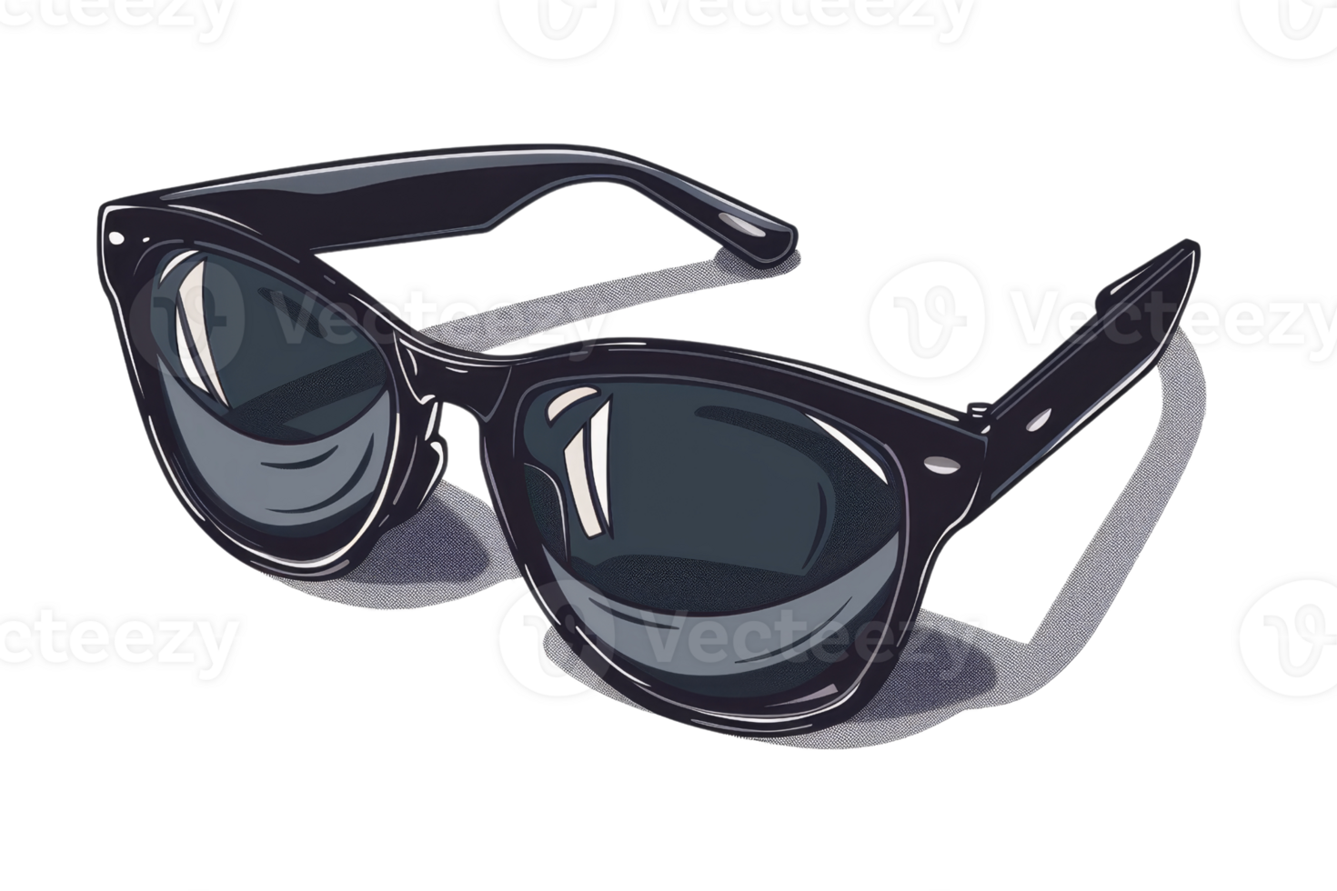 A pair of sunglasses with a black frame and a black lens. The sunglasses are sitting on a white background png