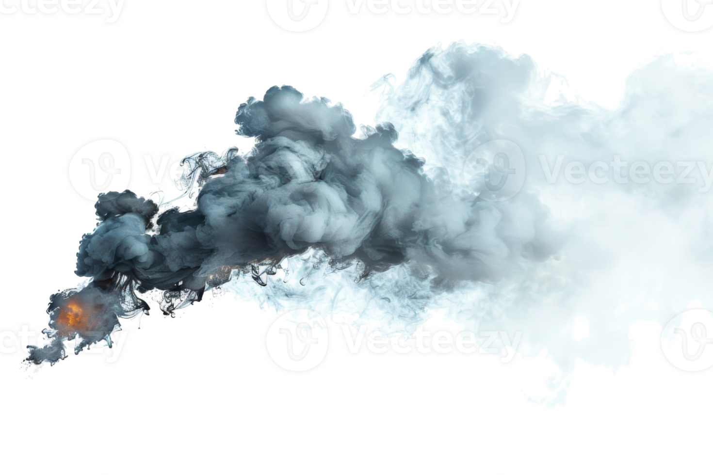 Dense smoke cloud, a mix of black and white smoke, rising against a transparent background, representing fire, pollution, or explosion. png