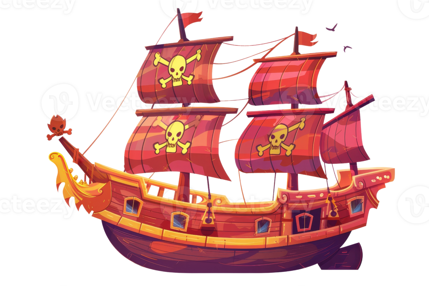 A cartoon pirate ship with a skull and crossbones flag on the side png
