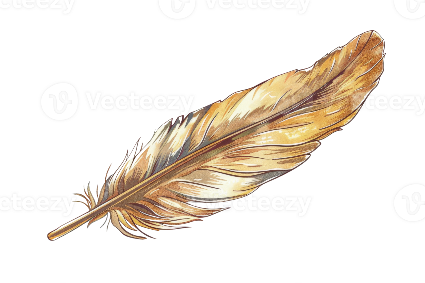 Digital illustration of a detailed, brown and gold feather with intricate texture, perfect for nature, decor, or art projects. png