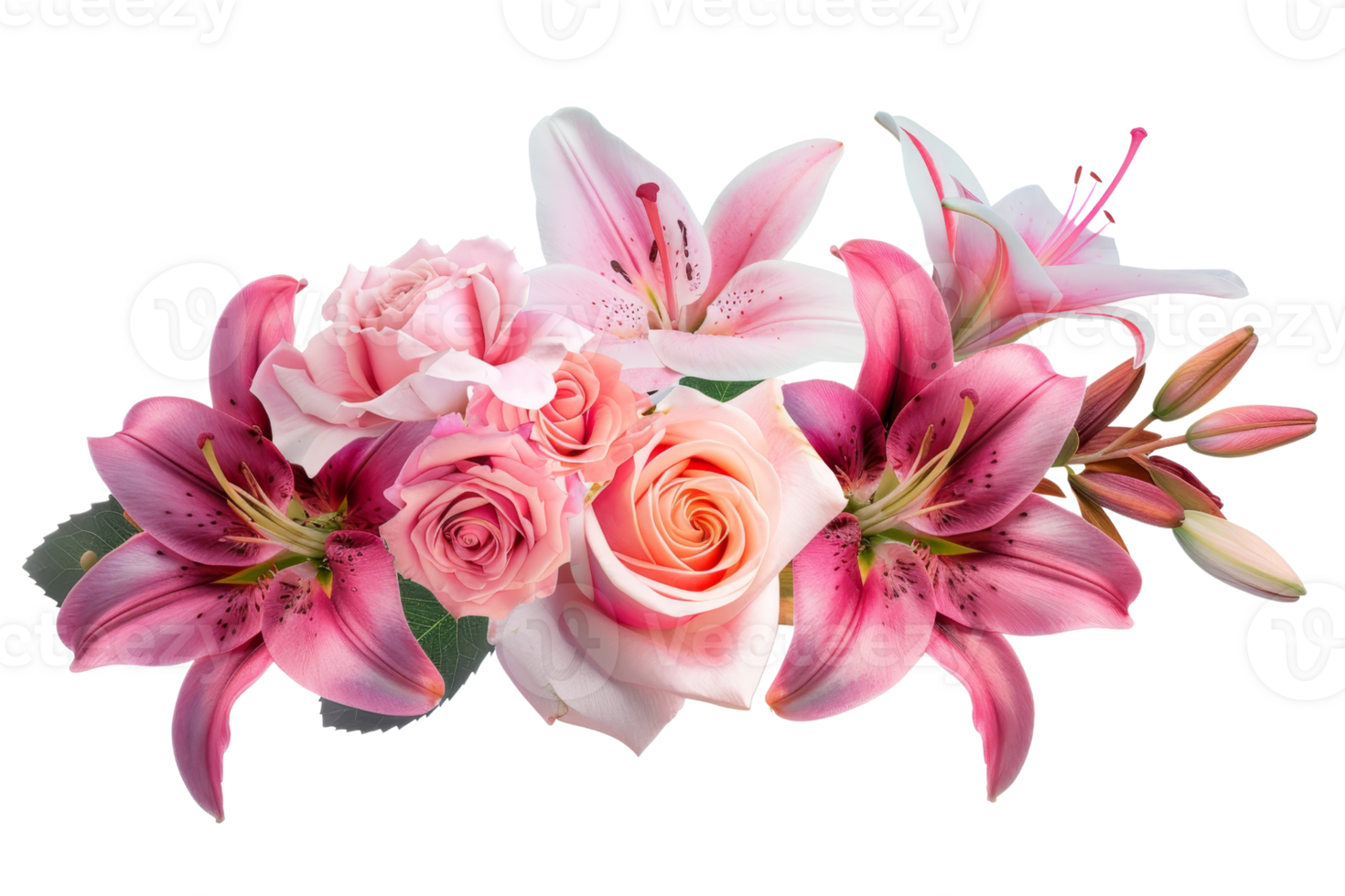 A beautiful bouquet featuring pink lilies and roses, perfect for adding elegance and color to any setting. png