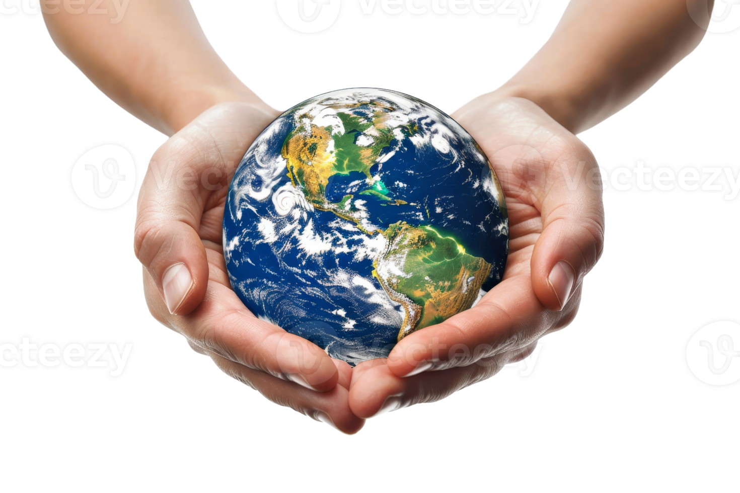 A person is holding a globe in their hands. The globe is blue and white, and it is a representation of the Earth. Concept of responsibility and care for the planet png