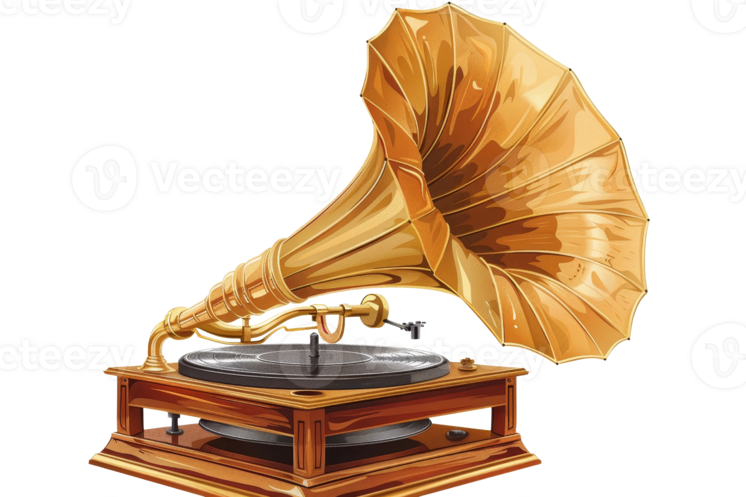 Vintage gramophone with a wooden base and a brass horn, showcasing classic design and antique charm, perfect for historical and music themes. png