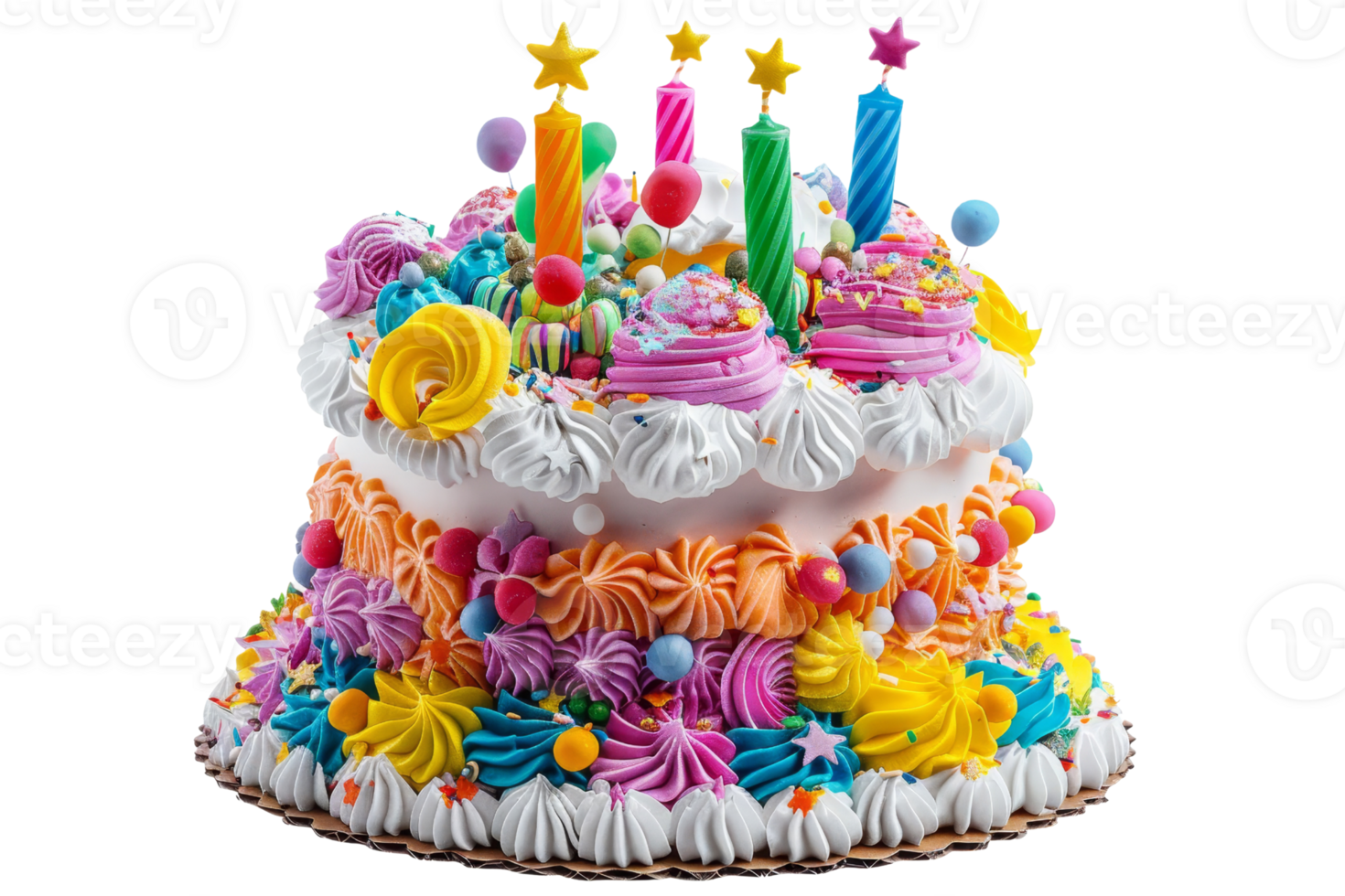 Colorful birthday cake with candles and decorations, perfect for celebrations and parties, featuring vibrant icing and fun details. png